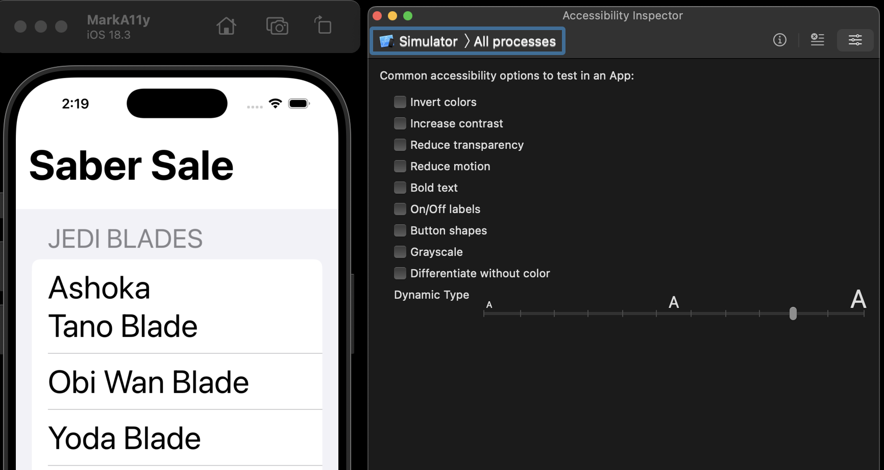 Using the dynamic type resize function to test an application to ensure the text doesn’t break accessibility rules