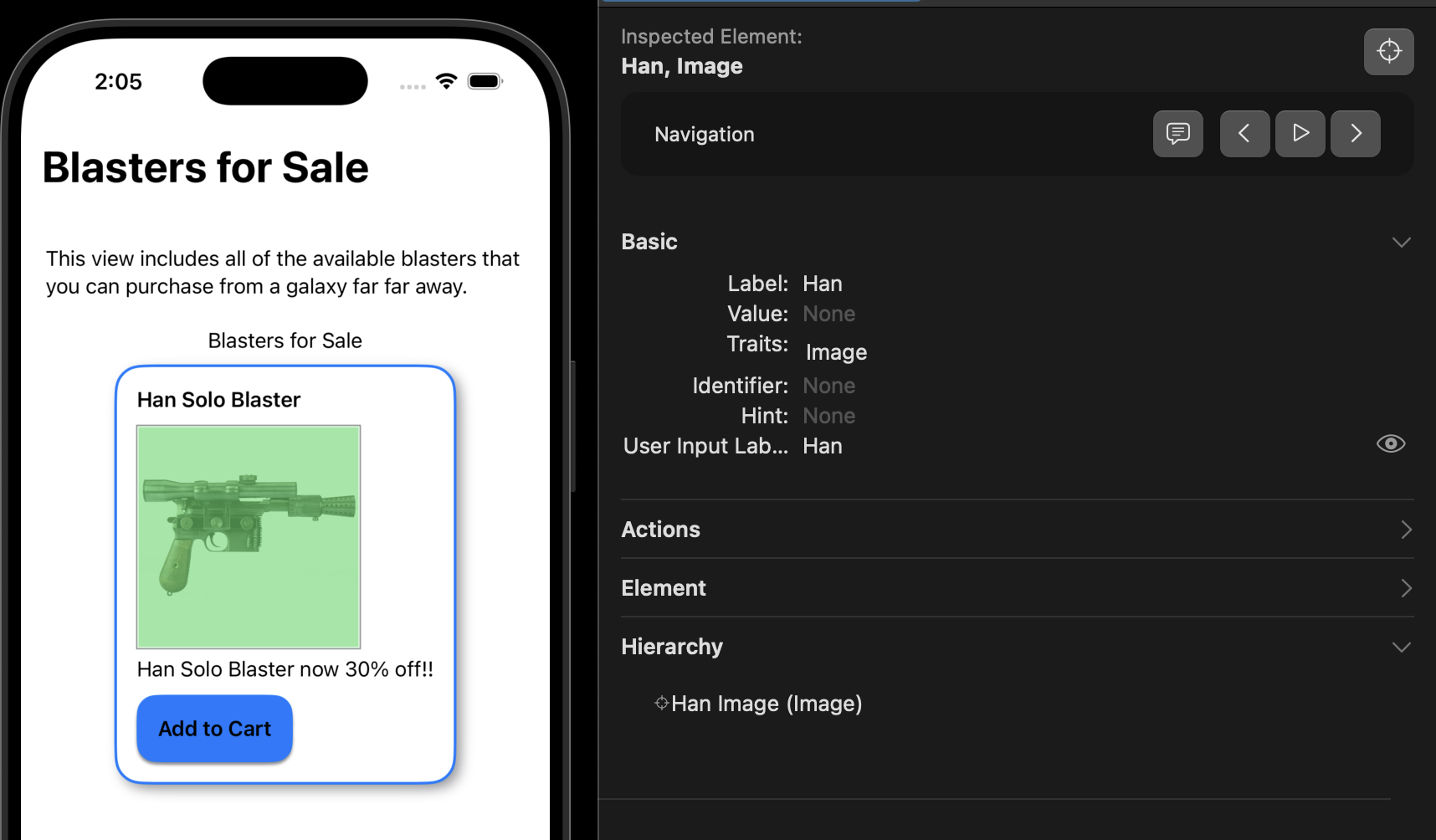 Accessibility grouping example, that shows a card component that can have the name, image, and description being all separate focus stops